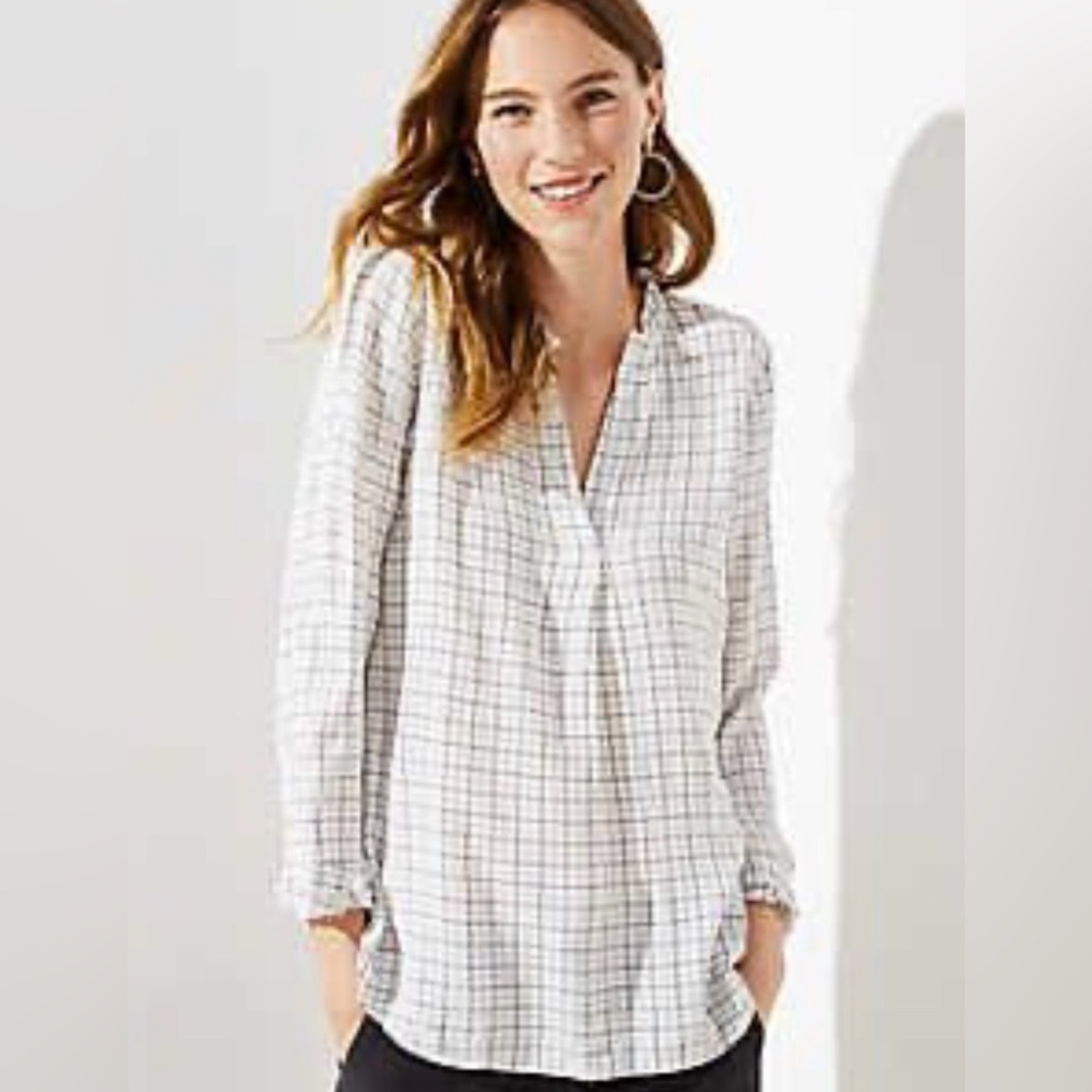LOFT Plaid Ruffle Split-Neck Blouse
